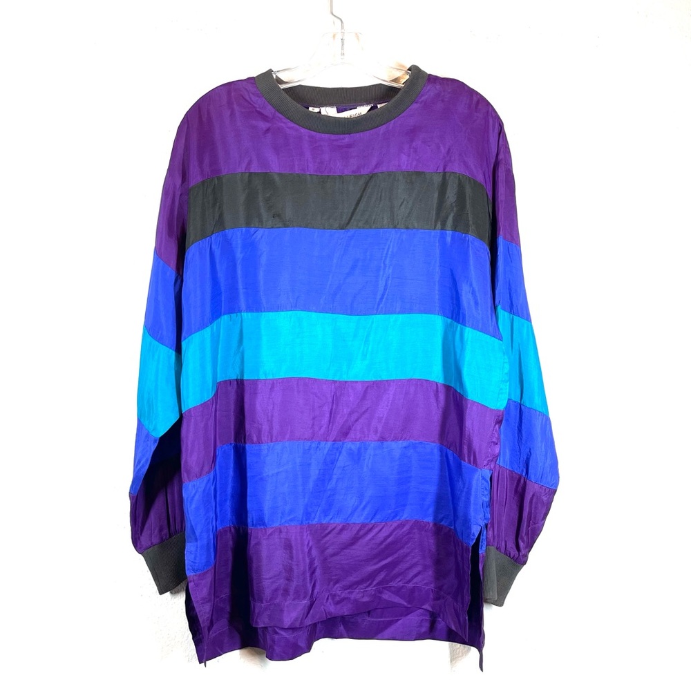 VTG 80s Sunny Leigh Silk Striped Panel Unstructured Hi Lo Oversized Tunic Small